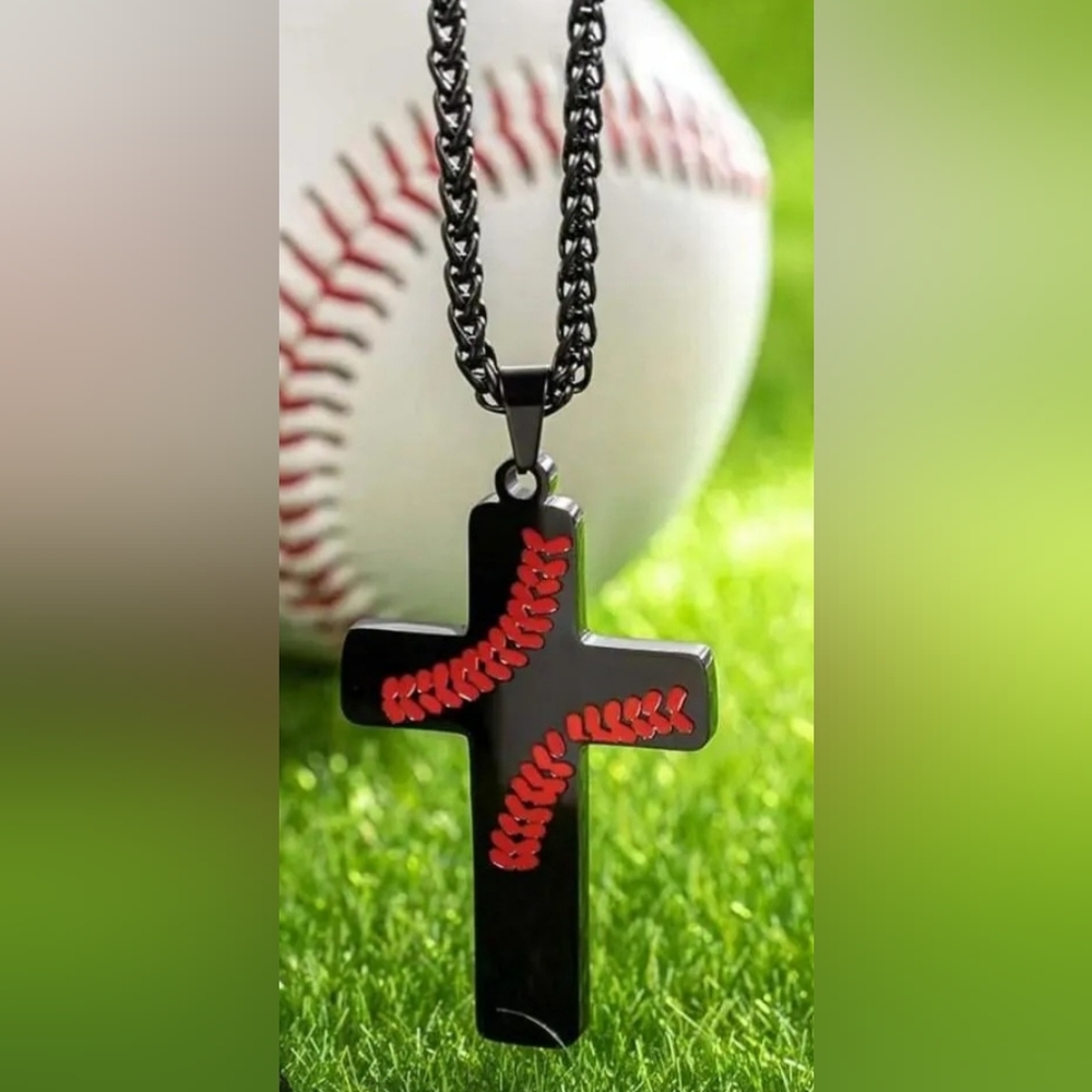 Stainless steel baseball Philippians 4:13 cross necklace 22" black or silver